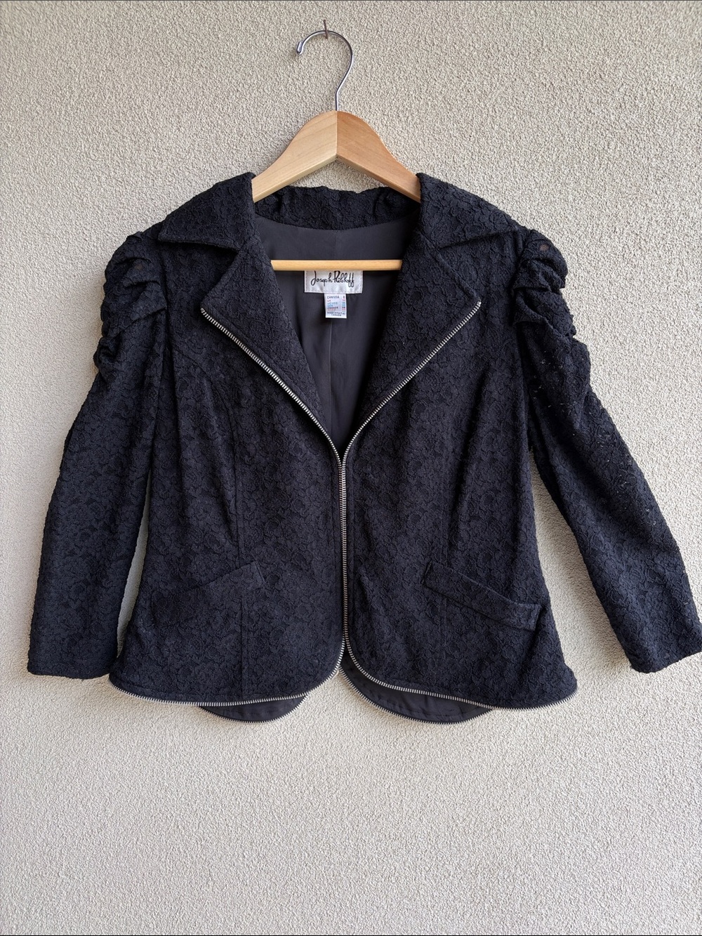 Joseph Ribkoff Black Lace Textured Blazer with Gathered Shoulders
